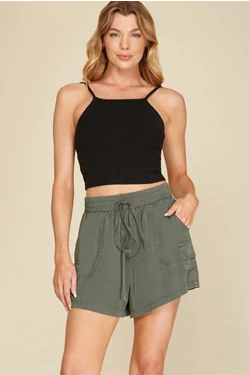 Black woven pull on shorts with pockets