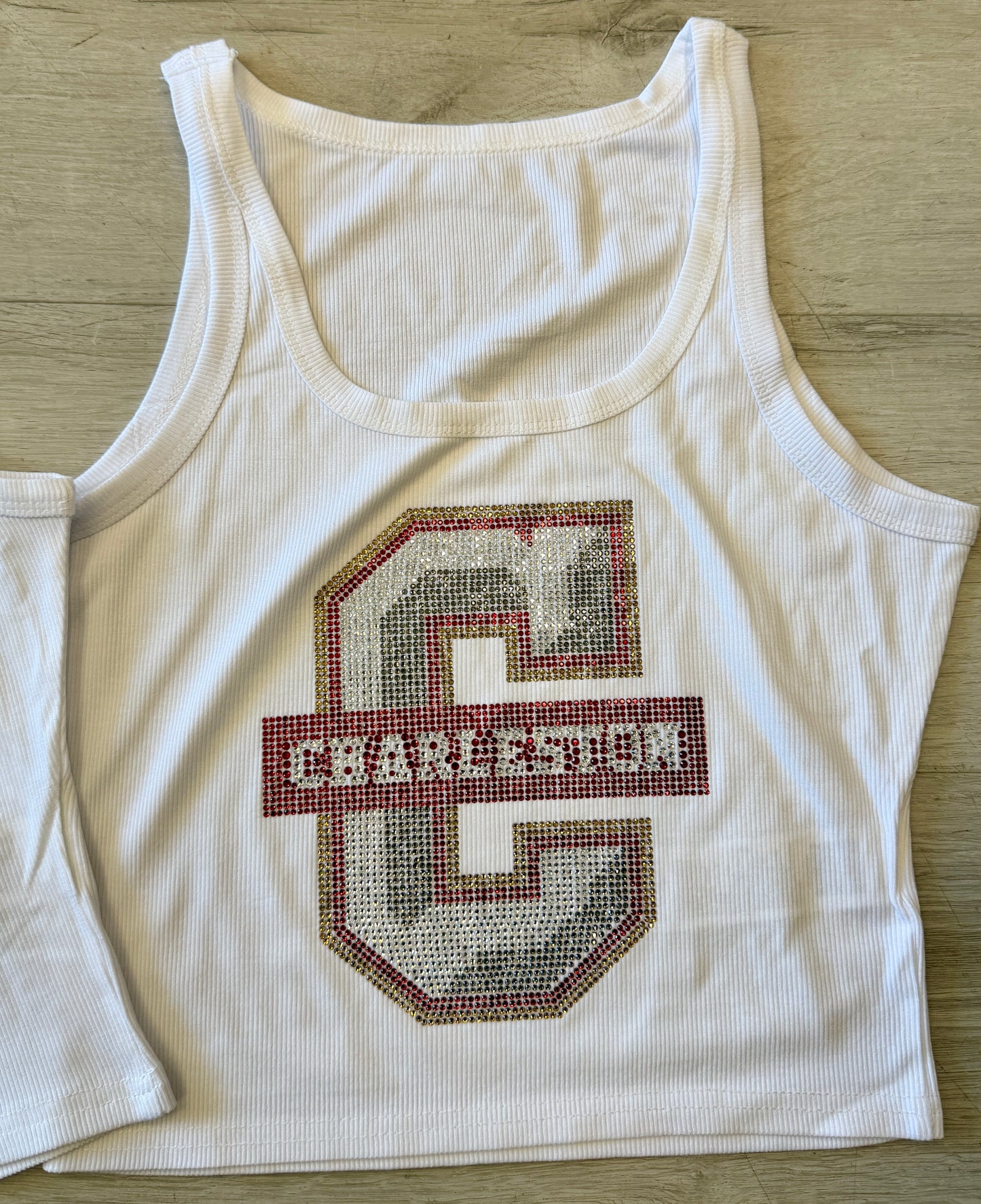 SUPER HOT ITEM!!! IN STOCK & Custom order college bling tanks and crop babytees, MOST SCHOOLS ARE AVAILABLE TO ORDER!!! & see pics for some schools made up!