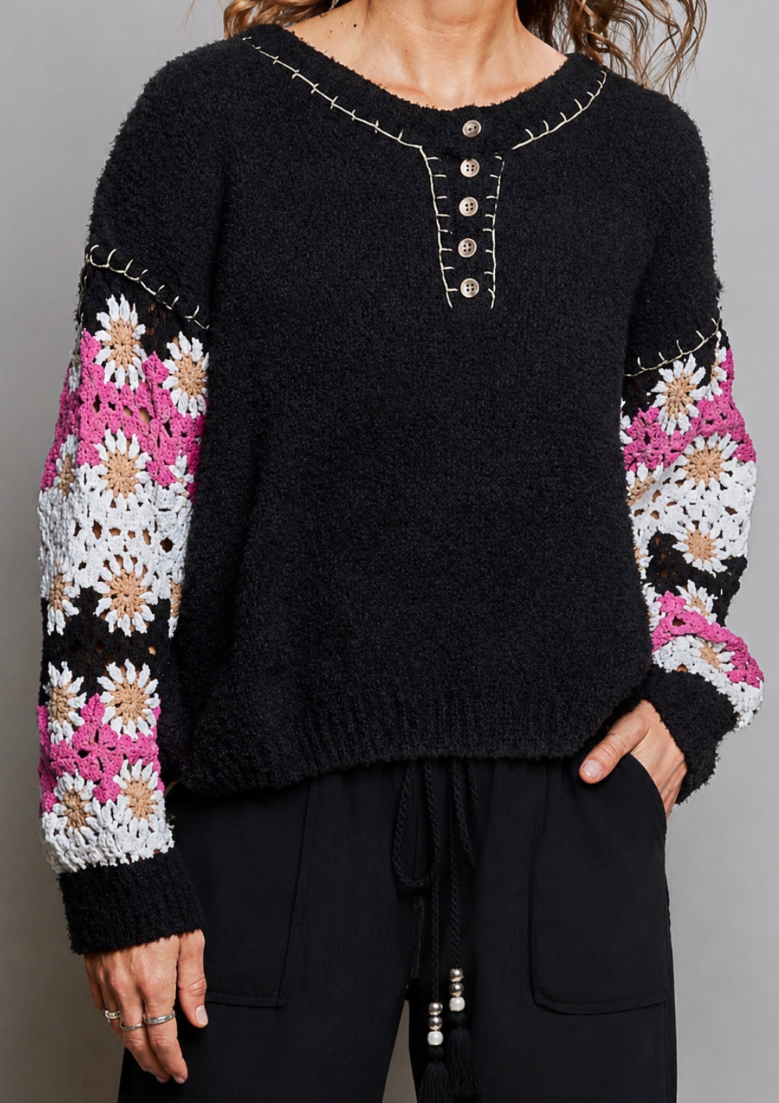 PREORDER NOW, Arriving Thursday…Black soft plush henley with crochet sleeves
