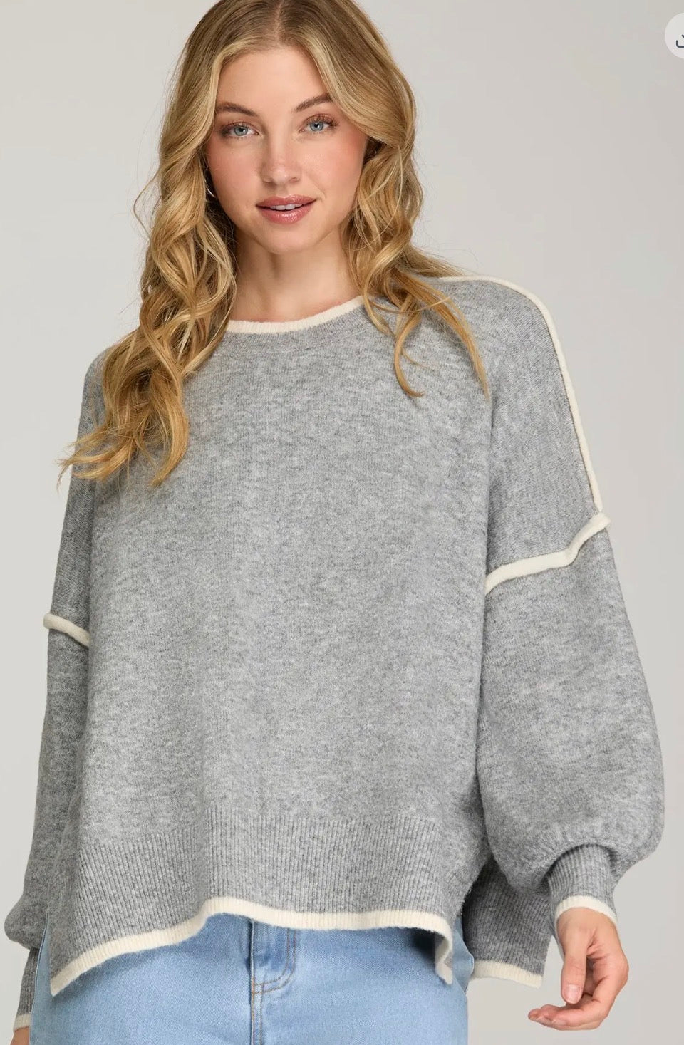 PREORDER NOW, Arriving Friday…Heather grey with white trim loose fit sweater