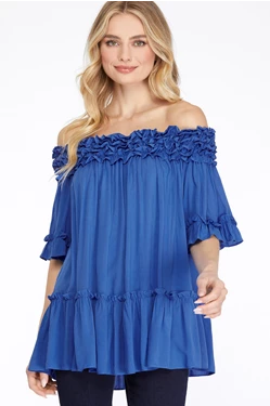 Royal blue off shoulder tiered tunic (also great paired with a Strap Its bra)