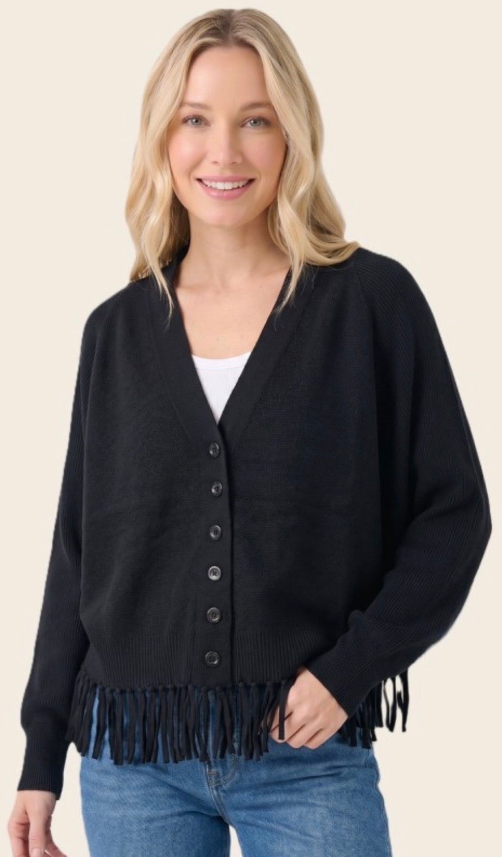 PREORDER NOW, Arriving Wednesday…Black soft knit fringe bottom cardigan