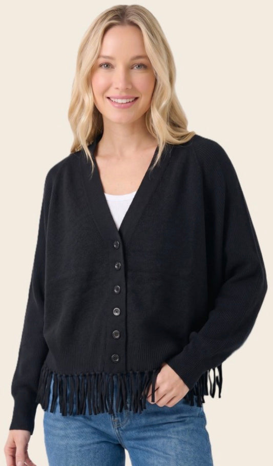 Black soft knit fringe bottom cardigan with dolman sleeves