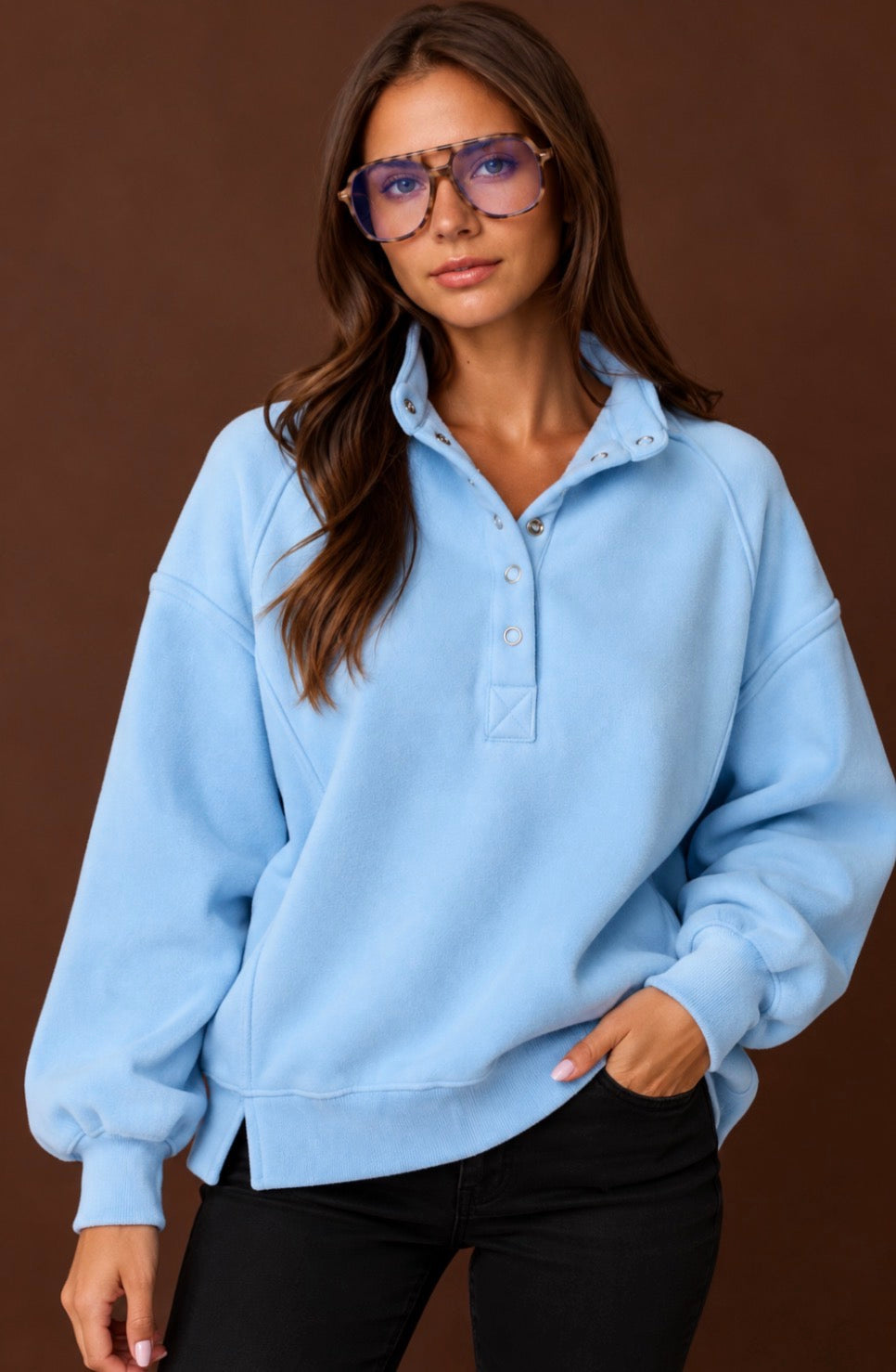 Blue snap front henley sweatshirt