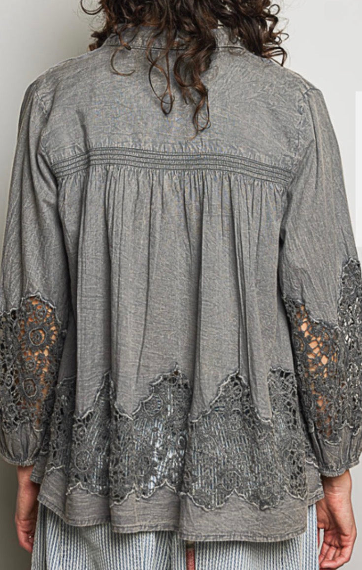 PREORDER NOW, Arriving Thursday…Grey blouse with lace inserts