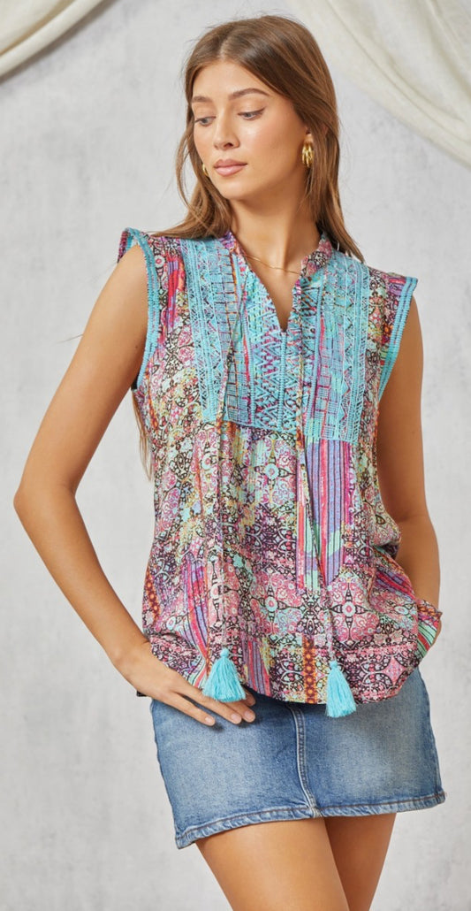 Multi print top with embroidery