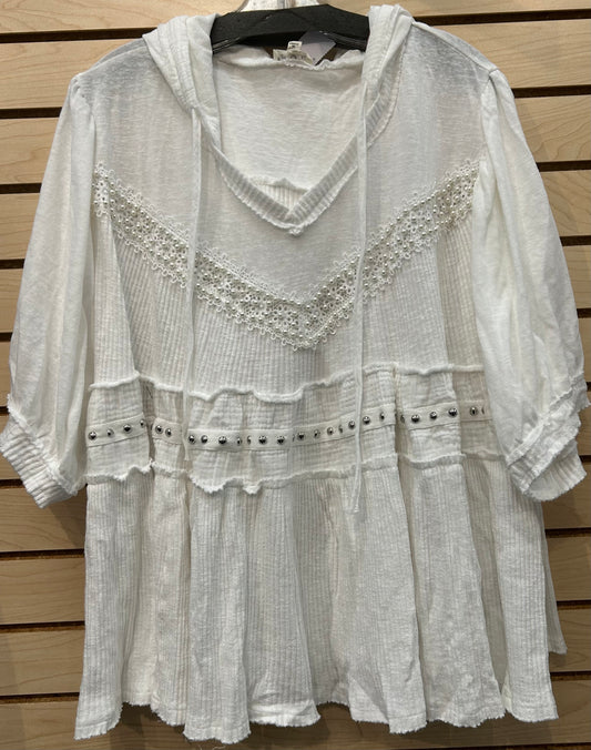 White loose fit flounce top with studs and pearls (available up to 2X/3X)