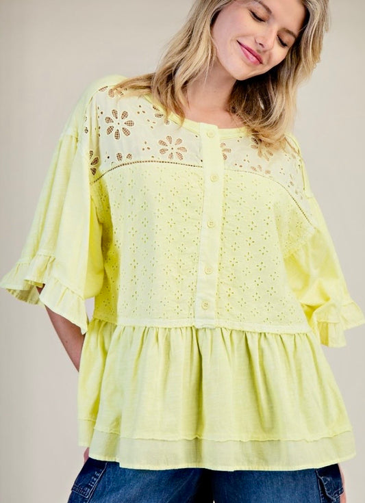 Yellow eyelet flounce top (available up to XXL/2X)