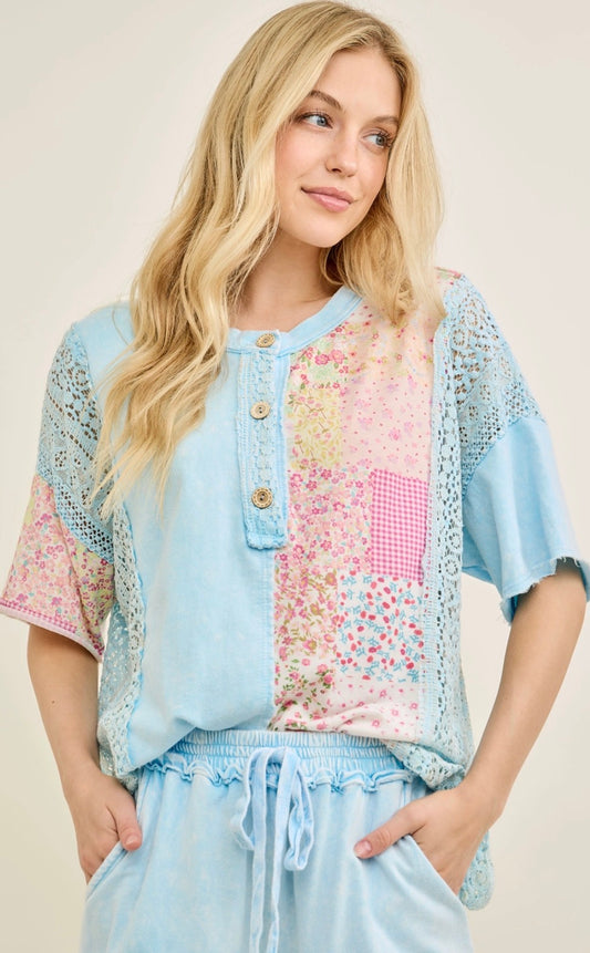 Baby blue patchwork and lace mix henley