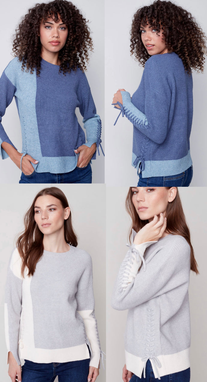 Colorblock sweater with laceup detail (2 colors) up to XXL