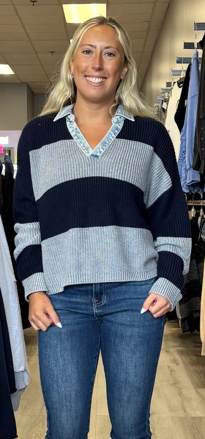 Vintage Havana grey/navy stripe sweater with denim collar