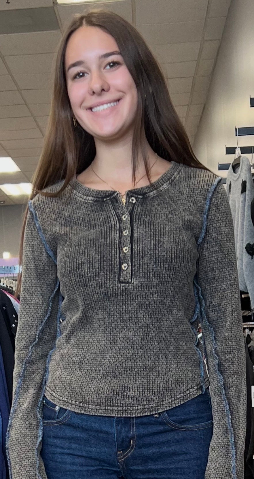 Black waffle henley with blue stitching