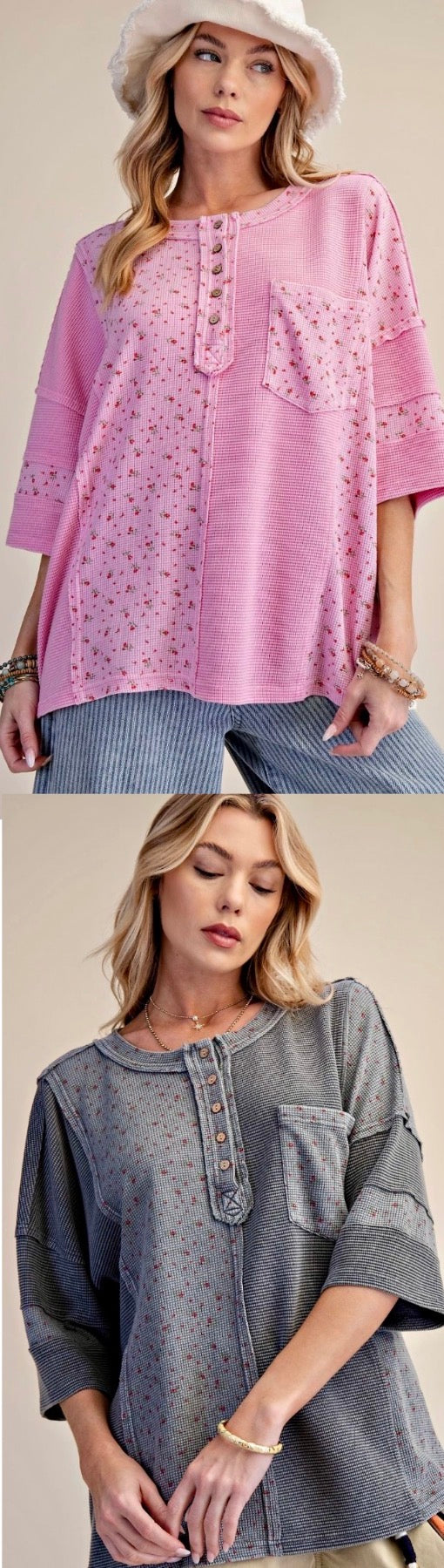 Loose fit waffle henley tops with split floral