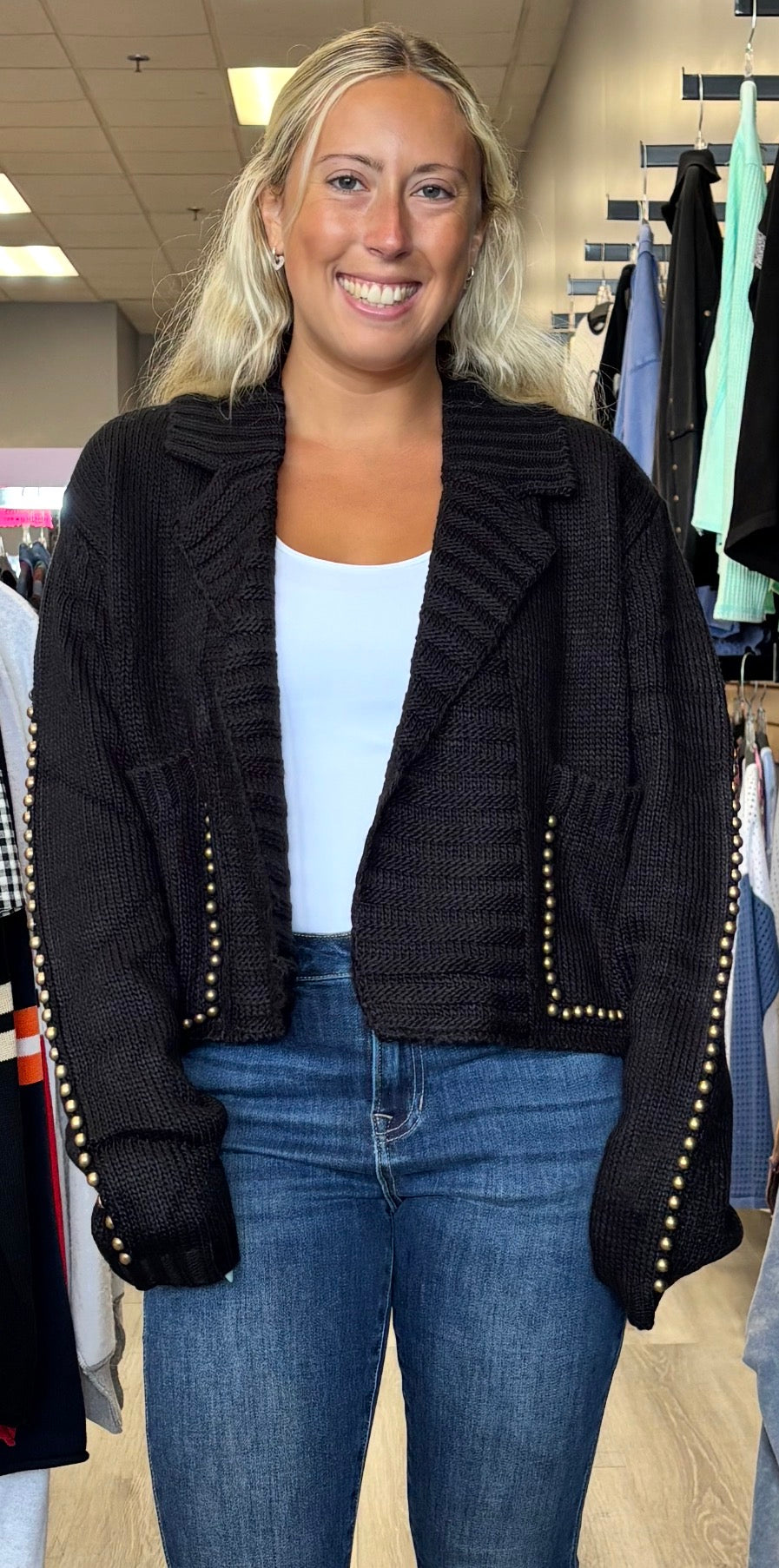 Vintage Havana black sweater knit blazer with studs