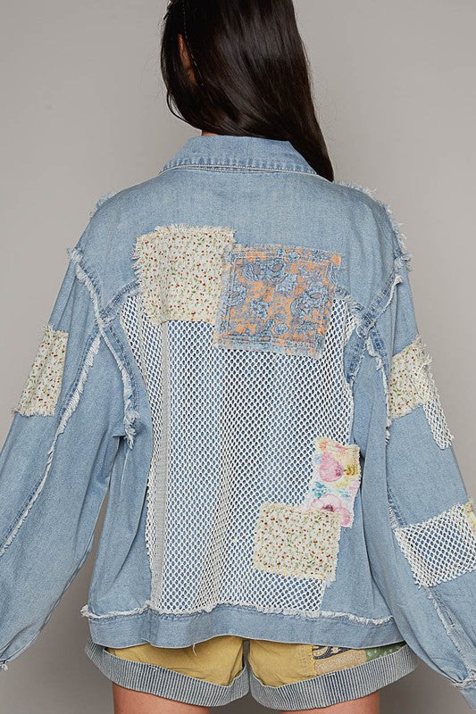 Denim jacket with netting and patches all over