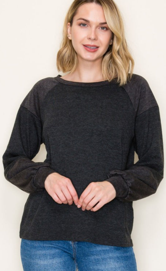 Charcoal soft knit mixed fabric top