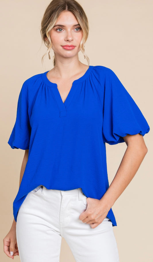 Royal blue notch neck puff sleeves top