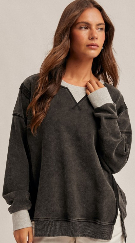 Black crew neck sweatshirt with grey inserts