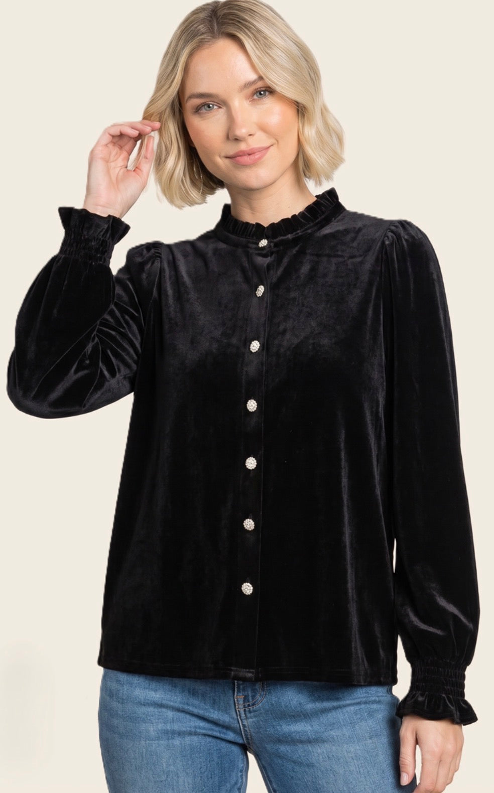 PREORDER NOW, Arriving Wednesday…Black velvet blouse with ruffle trim