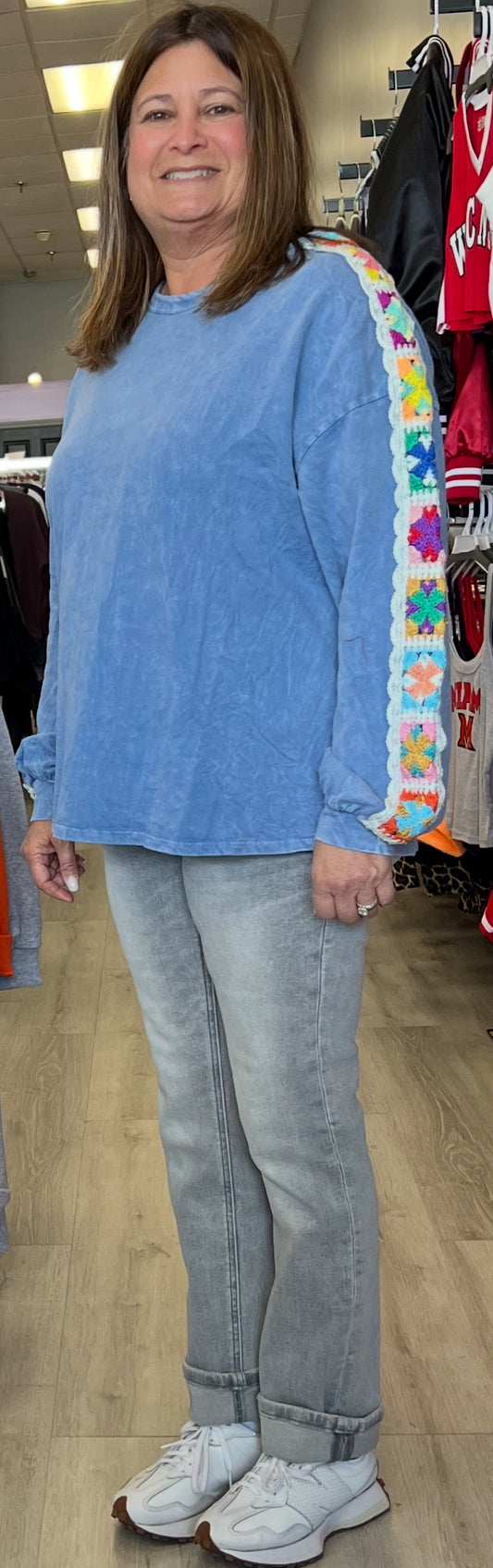 Blue long sleeve top with multi crochet sleeves