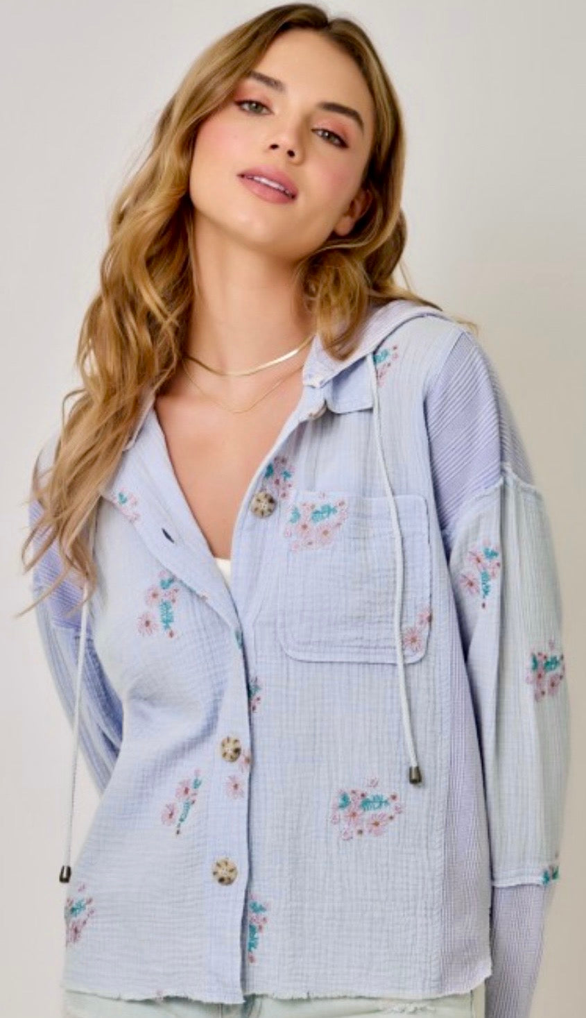 Lilac lightweight button down hoodie with embroidered flowers