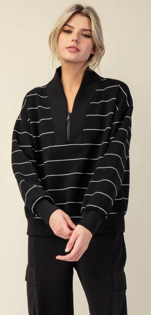 PREORDER NOW, Arriving Monday…Black/white striped soft quarter zip