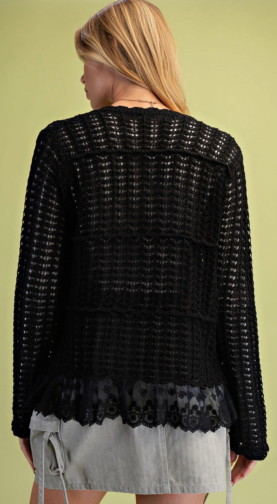 PREORDER NOW, Arriving Monday…Black lightweight knit cardigan with lace bottom