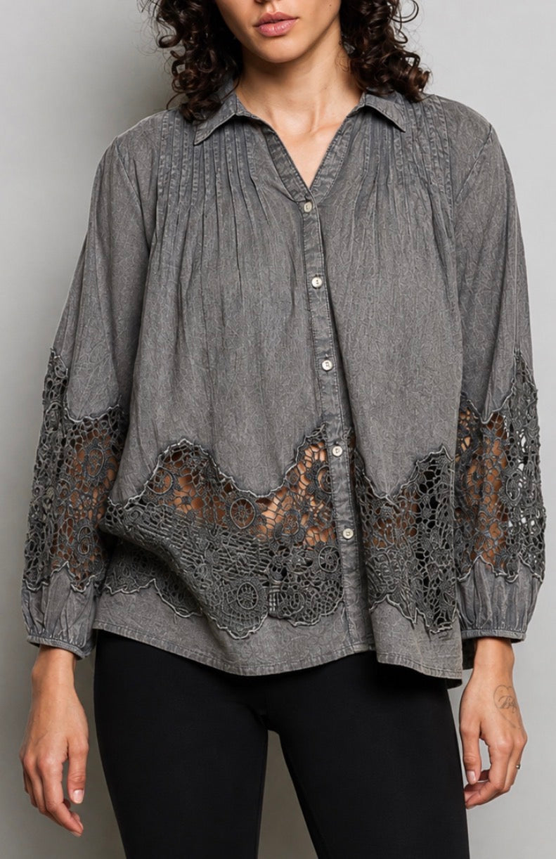 PREORDER NOW, Arriving Thursday…Grey blouse with lace inserts