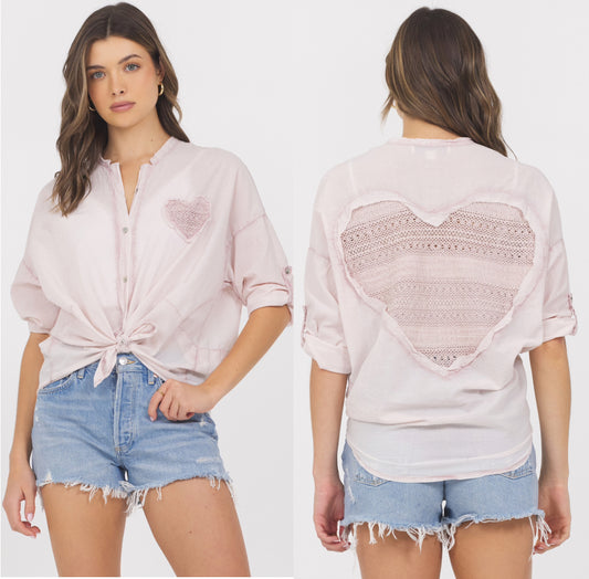 PREORDER NOW, Arriving next week...Vintage Havana pink blouse with crochet heart