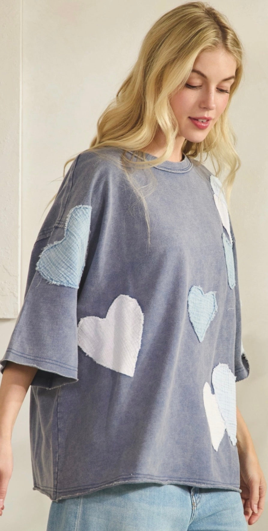 Blue loose fit top with heart patches