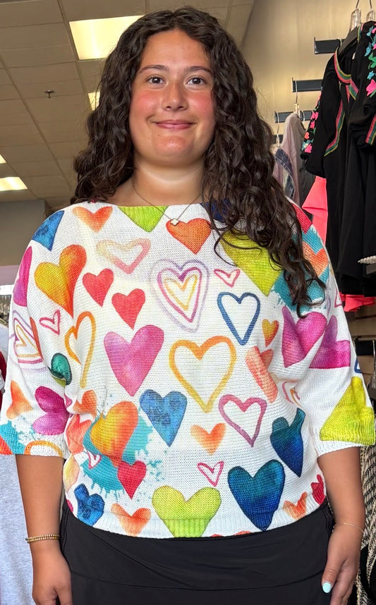 3/4 sleeve lightweight sweater with multi hearts