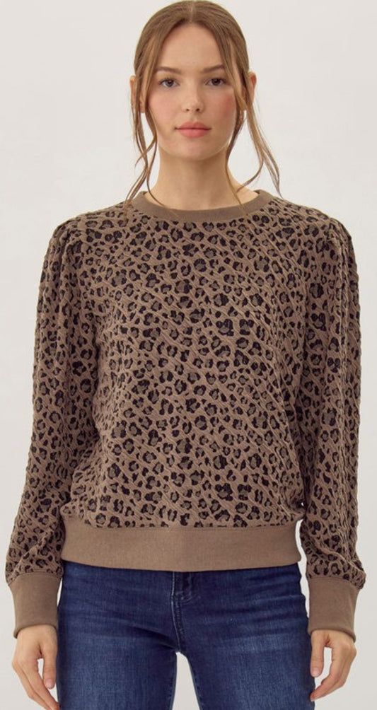 Leopard print crew neck knit top