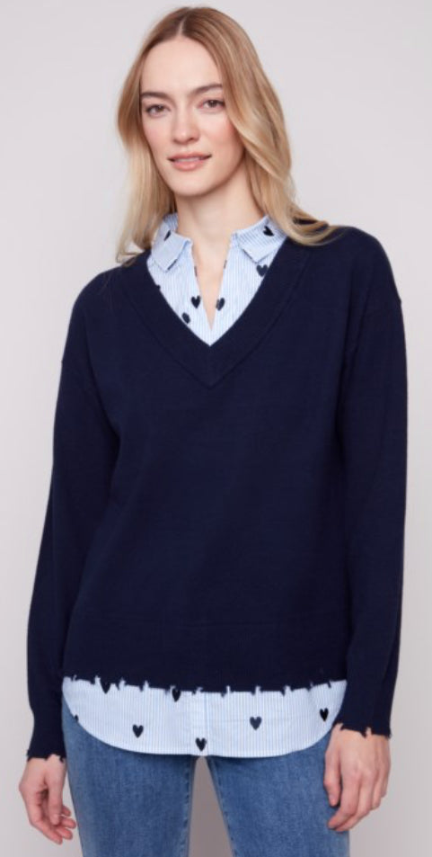 Charlie B navy 2 fer sweater with hearts blouse attached
