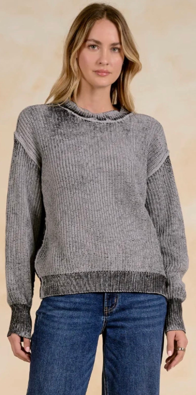 Grey mineral wash soft knit sweater