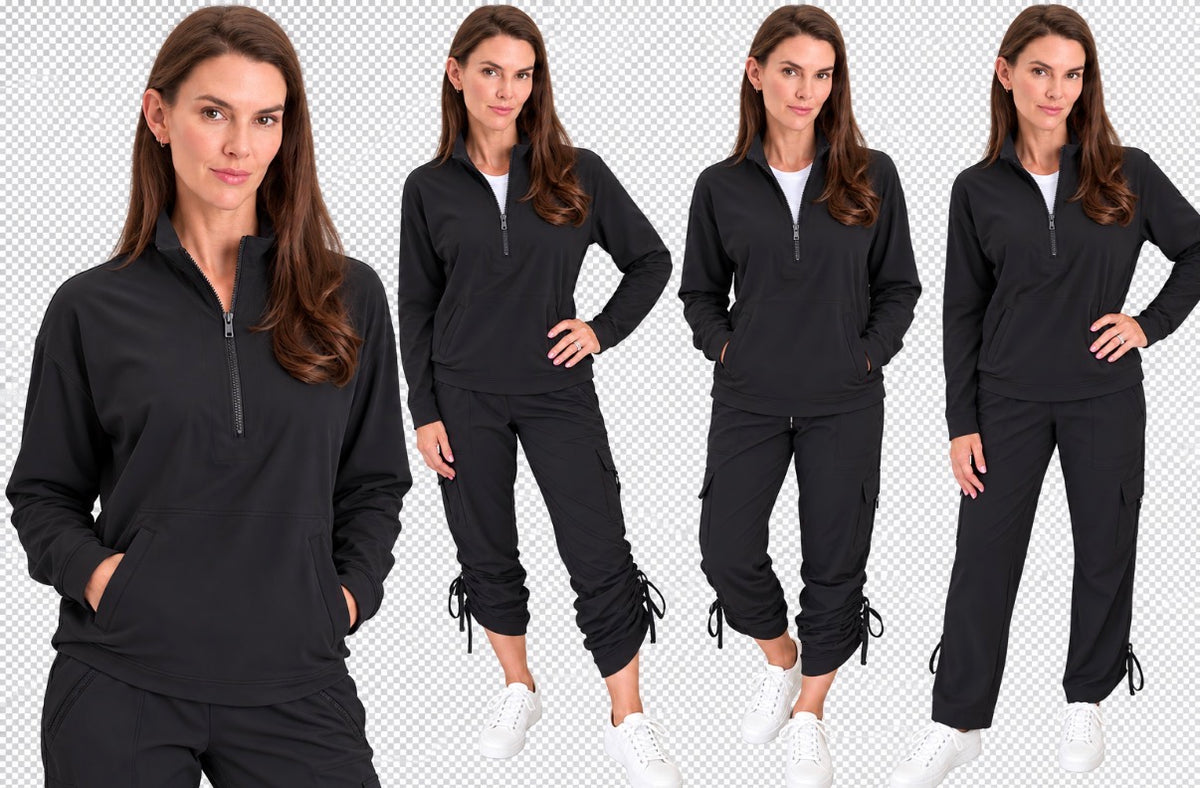 Wearables black whisper stretch soft adjustable length pants and quarter zip top