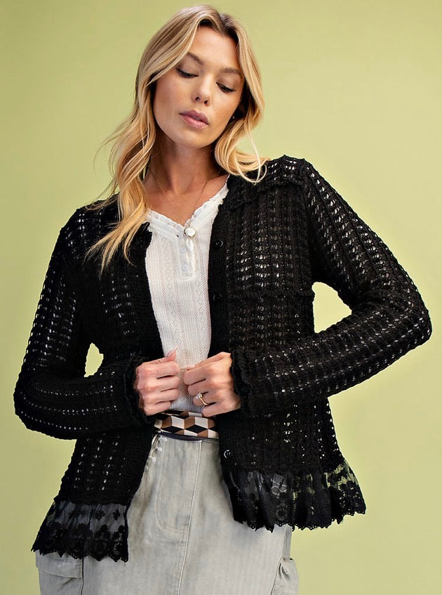 PREORDER NOW, Arriving Monday…Black lightweight knit cardigan with lace bottom