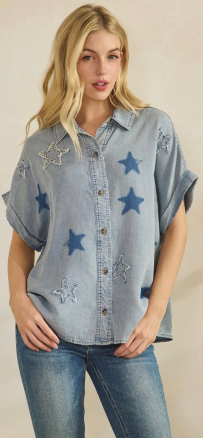 Denim button down short sleeve blouse with stars