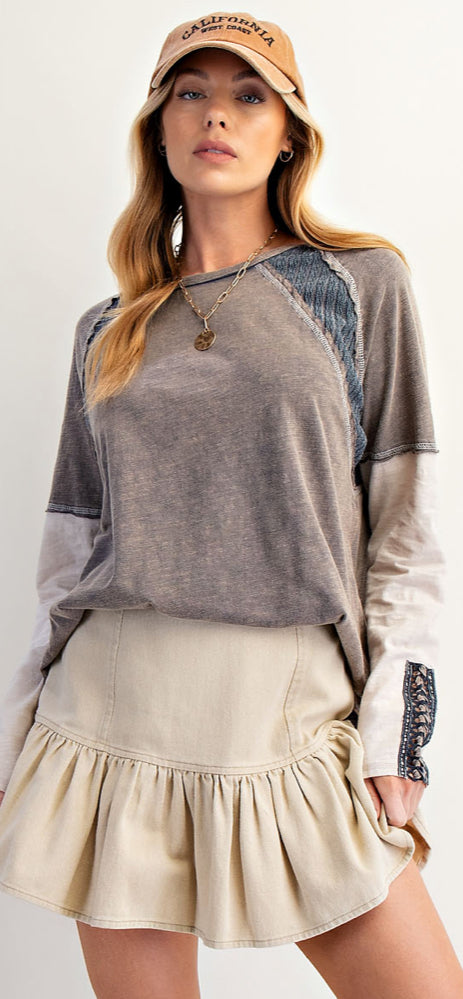 Ash/blue relaxed fit top with laceup sleeves detail