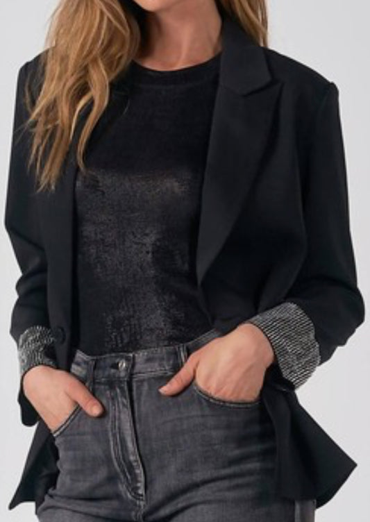 Elan black blazer with clear rhinestone cuffs