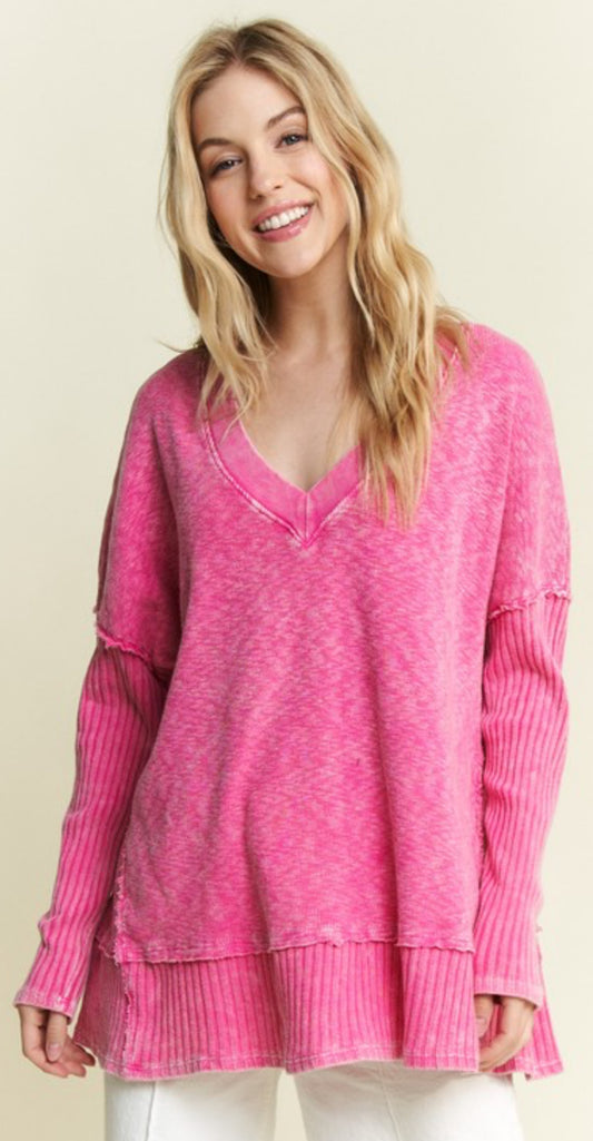 Pink loose fit soft v neck top with rib detail