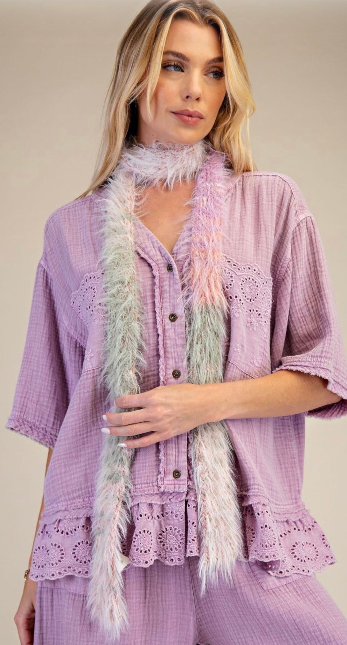 Lilac loose fit blouse with eyelet detail