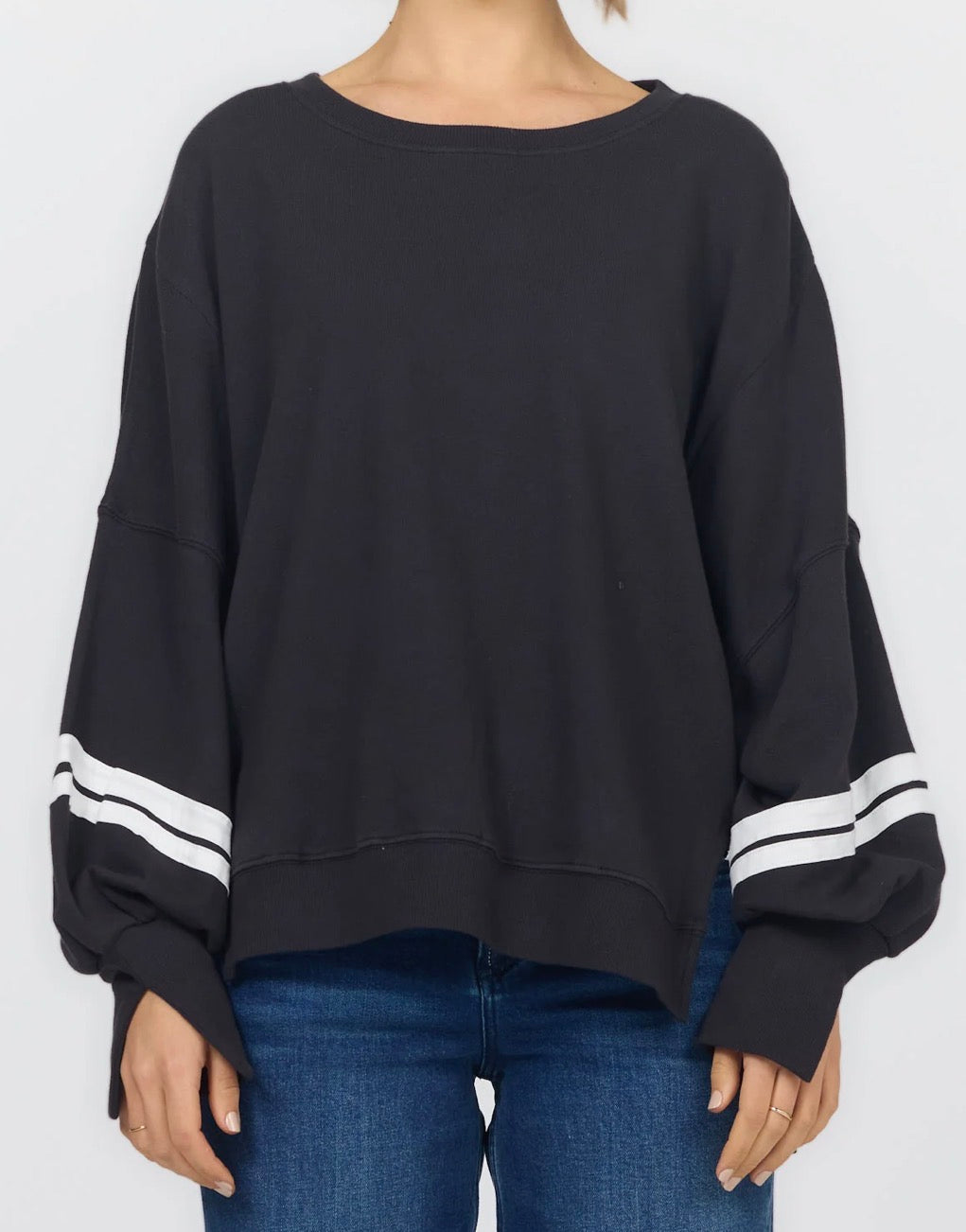 PREORDER NOW, Arriving Wednesday…Dear John Trenton oversized black top with white sleeve stripes, available up to XXL