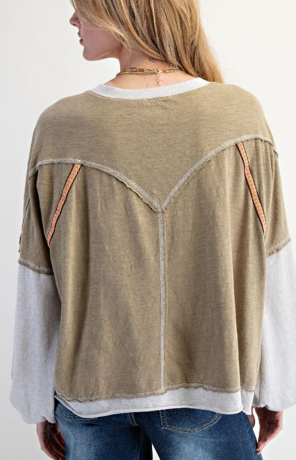 Faded olive colorblock henley top