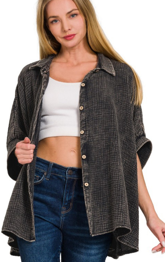 Oversized dark grey gauze lightweight blouse with elbow sleeve (also available in PLUS SIZE)