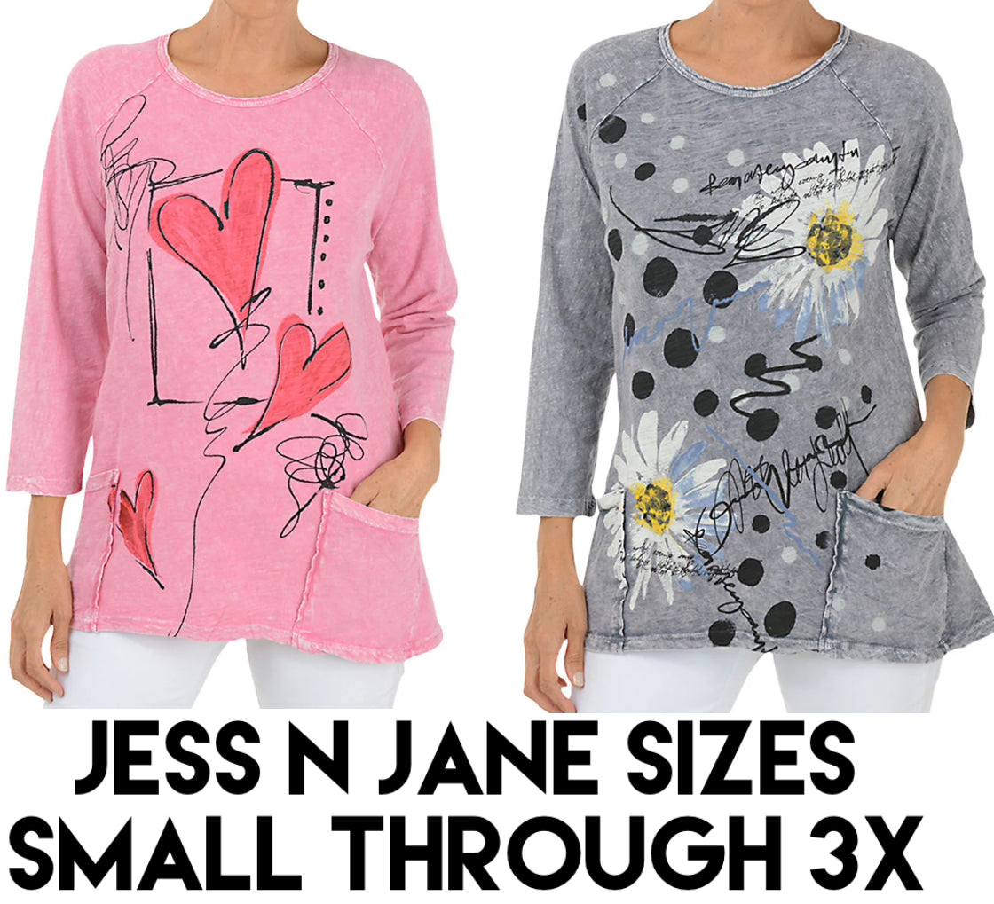 Jess n Jane cotton 3/4 sleeve tops with pocket, sizes Small through 3X