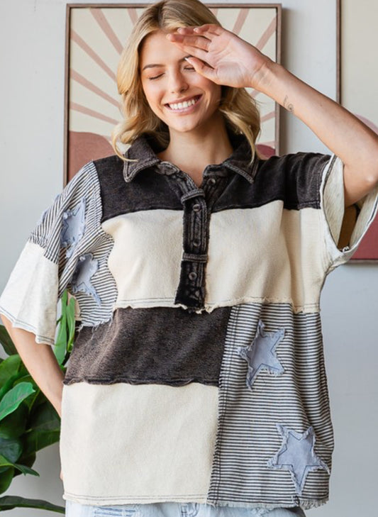 Oversized mixed fabric top with stripes and denim stars (available up to XXL)