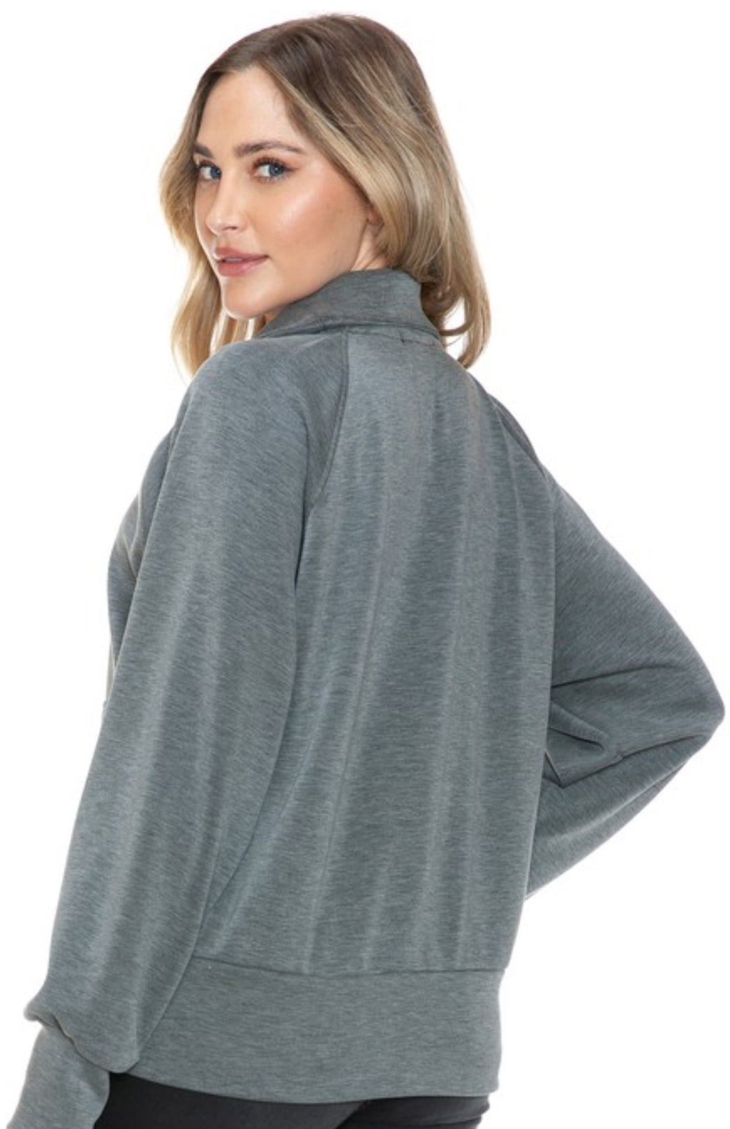 Ariella grey soft zip jacket with black satin trim