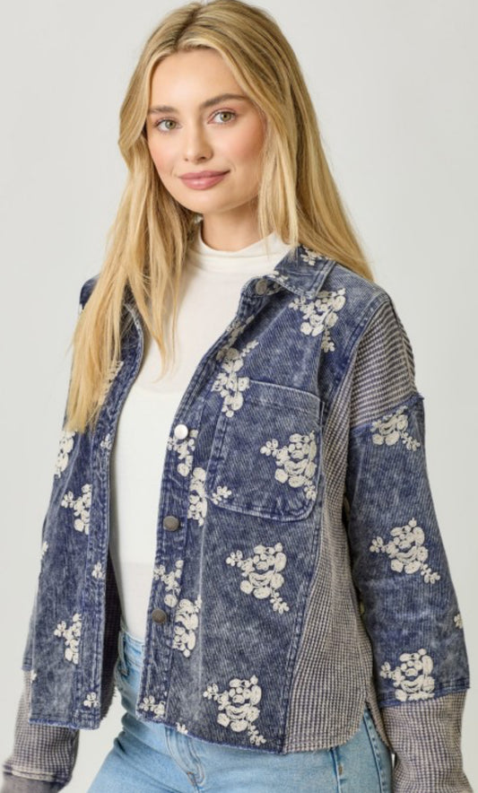 Blue cord/waffle mix jacket with floral embroidery