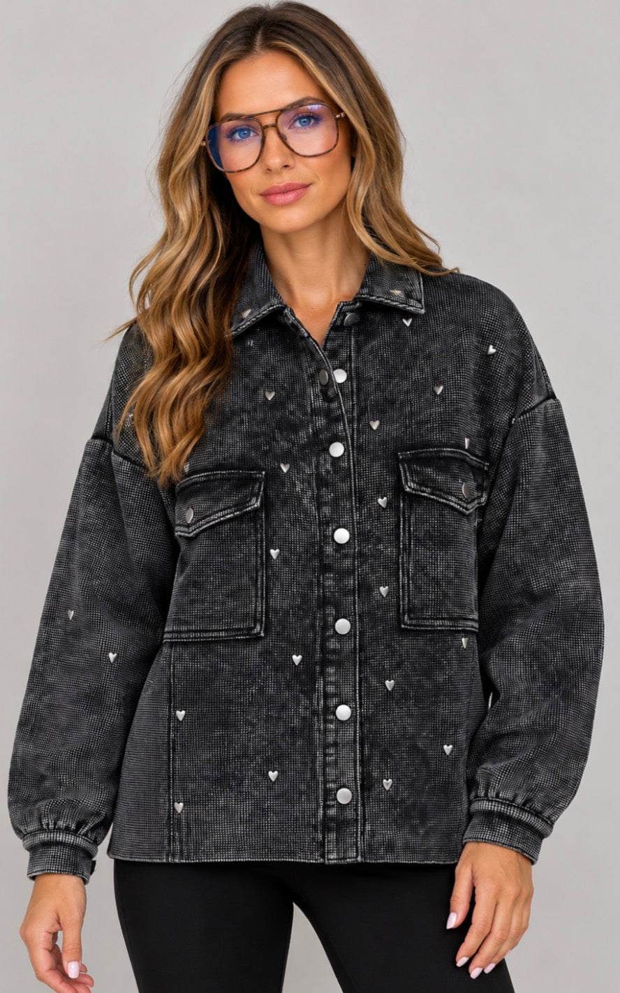 PREORDER NOW, Arriving Friday…Black loose fit waffle shacket with silver hearts all over