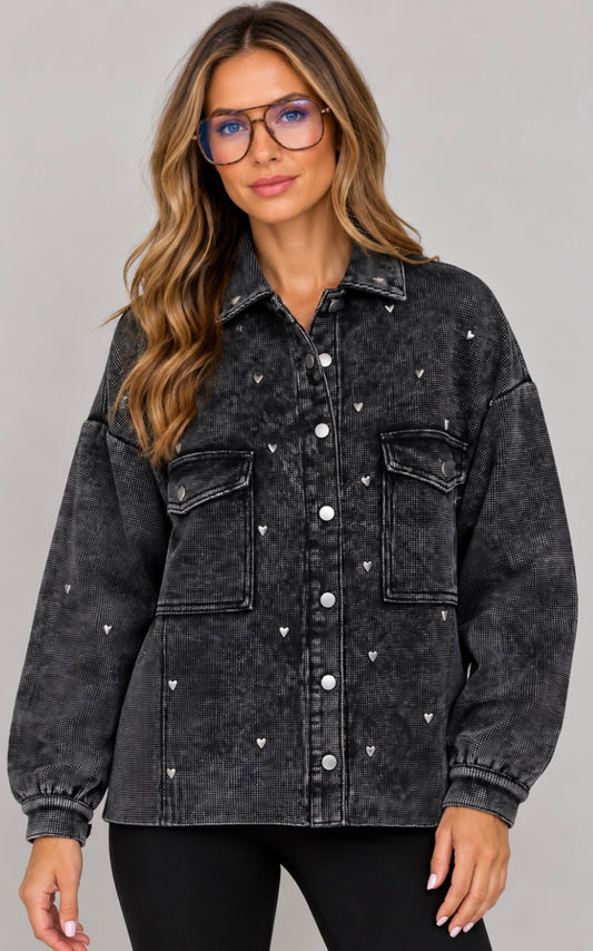 PREORDER NOW, Arriving Friday…Black loose fit waffle shacket with silver hearts all over